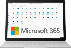 Microsoft 365 - Microsoft laptop showing Microsoft 365 apps, with the main logo