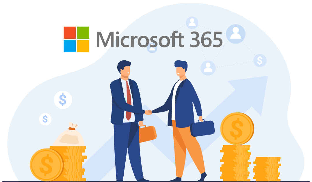 A graphic of two men shaking hands surrounded by money and the microsoft 365 logo, representing the new microsoft price increase