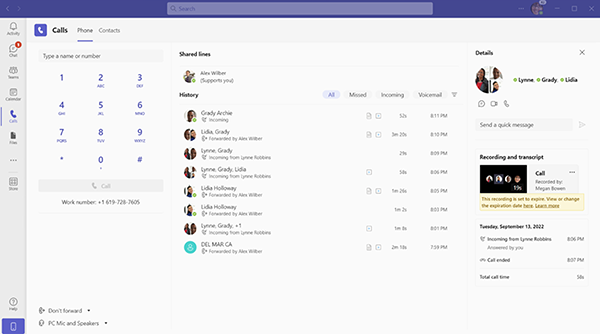 Screenshot of the call history in Microsoft Teams