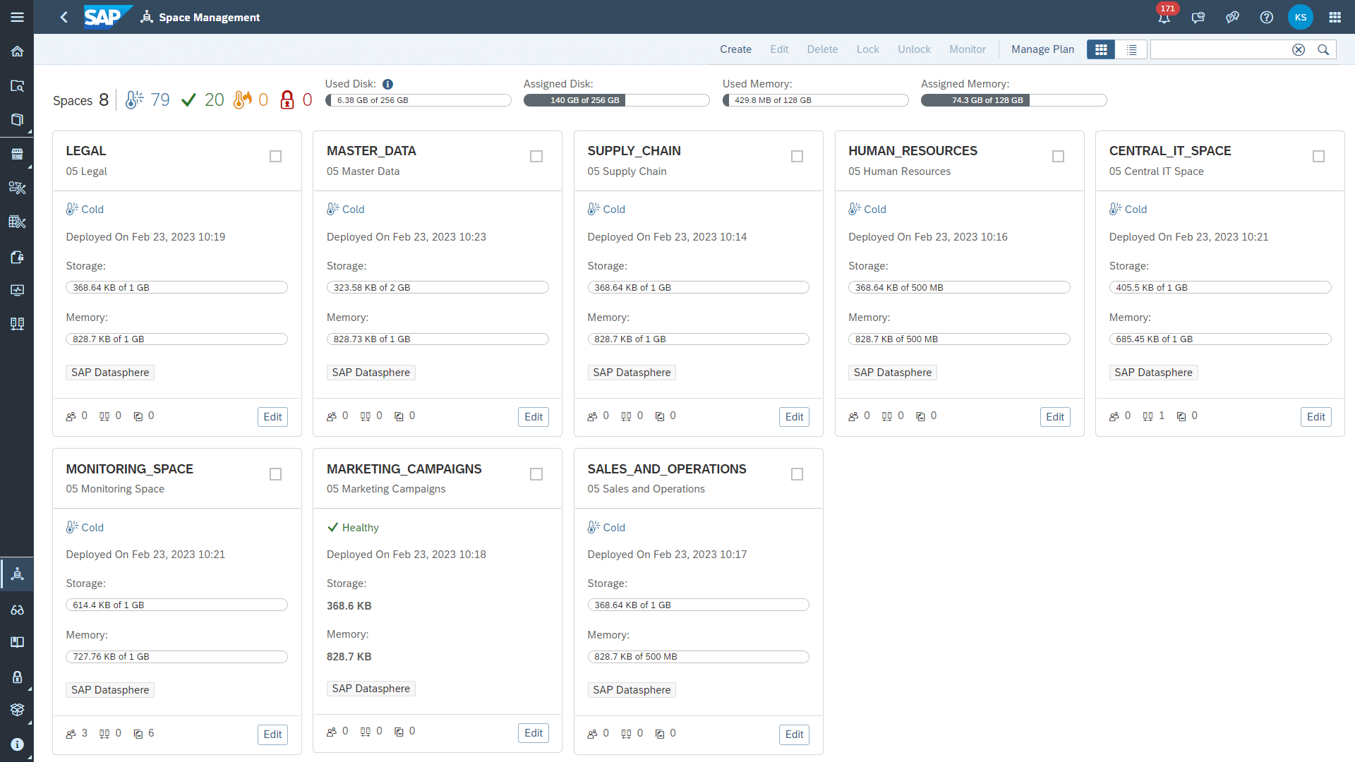 Screenshot of SAP Datasphere space management