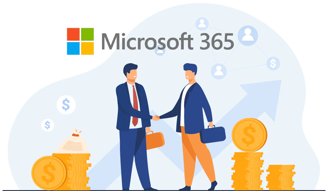 A graphic of two men shaking hands surrounded by money and the microsoft 365 logo, representing the new microsoft price increase